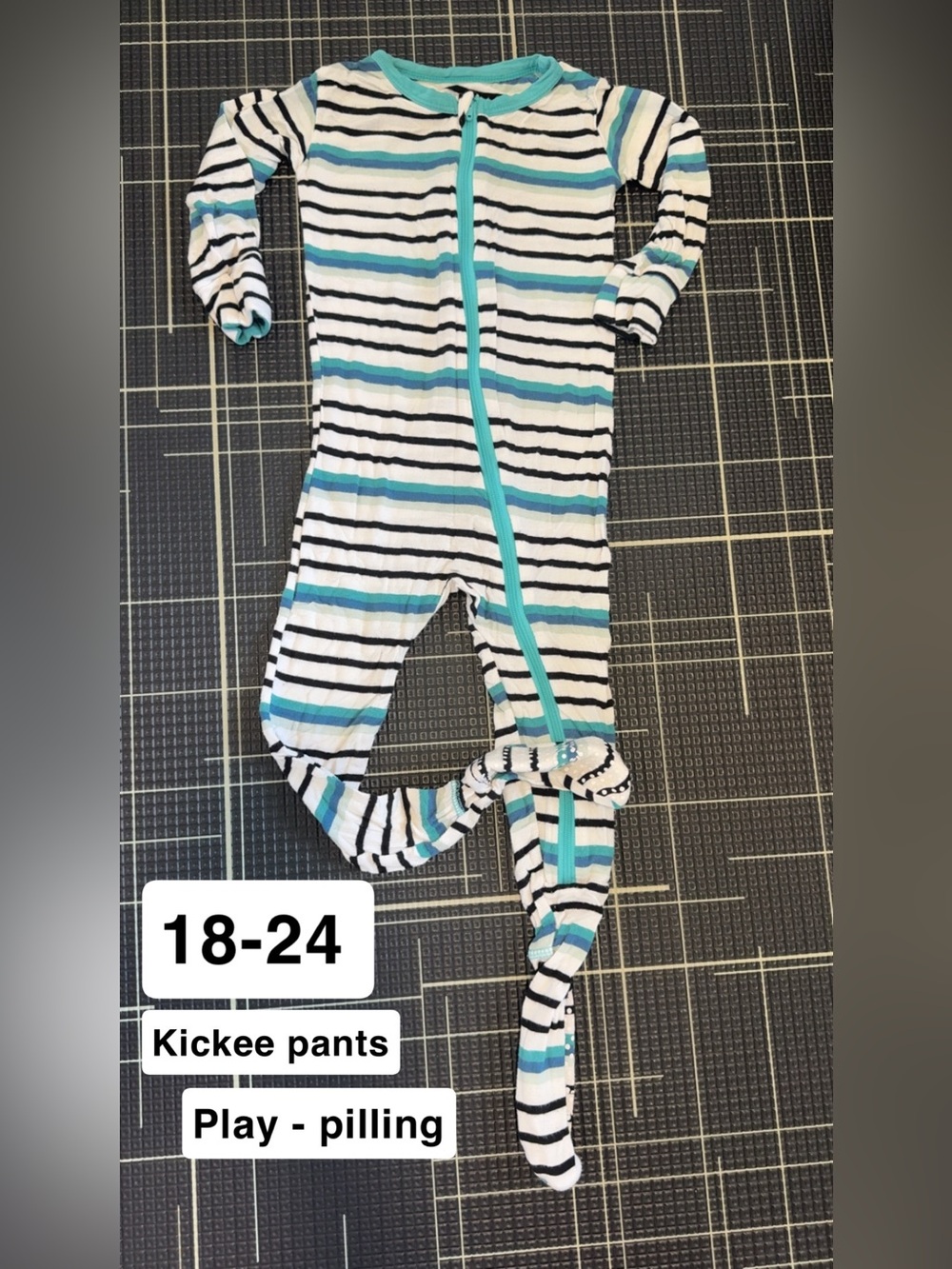 Kickee Pants White, Black & Blue Striped Zip Footie